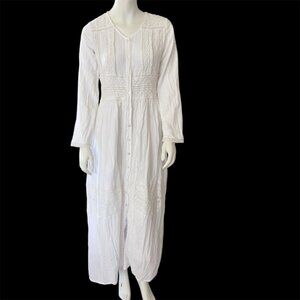 Pearl & Ruby Cottage Core White Lace Modest V-Neck Maxi Dress